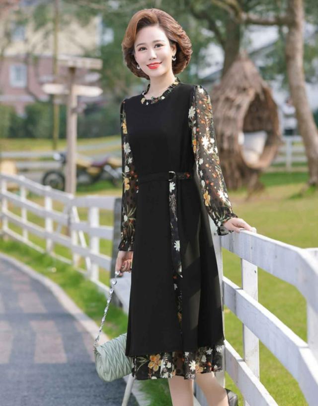 ミセス 花柄ワンピース ワンピドレス 膝下 ミモレ ミモレ丈 袖あり 長袖 シースルー ラウンドネック セミフレア Aライン シフォン ベルト ウエストマーク 大人 上品 おしゃれ お洒落 大人女子 エレガント 柄 花柄 小花柄 春 秋 オールシーズン 入学式 入園式 卒業式 卒園式_2