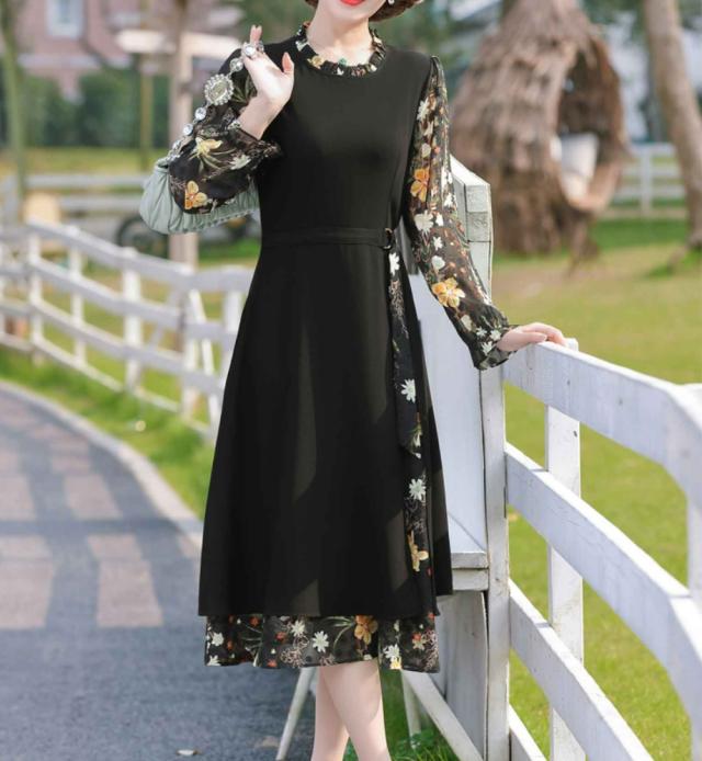 ワンピース ミディアム丈 フレア 花柄 シック ブラック ワンピース 花柄Vネックワンピース : ZOZOTOWN Yahoo!店 - 通販