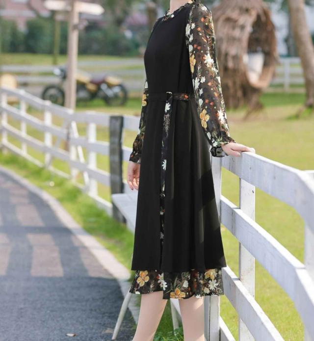 ミセス 花柄ワンピース ワンピドレス 膝下 ミモレ ミモレ丈 袖あり 長袖 シースルー ラウンドネック セミフレア Aライン シフォン ベルト ウエストマーク 大人 上品 おしゃれ お洒落 大人女子 エレガント 柄 花柄 小花柄 春 秋 オールシーズン 入学式 入園式 卒業式 卒園式_5