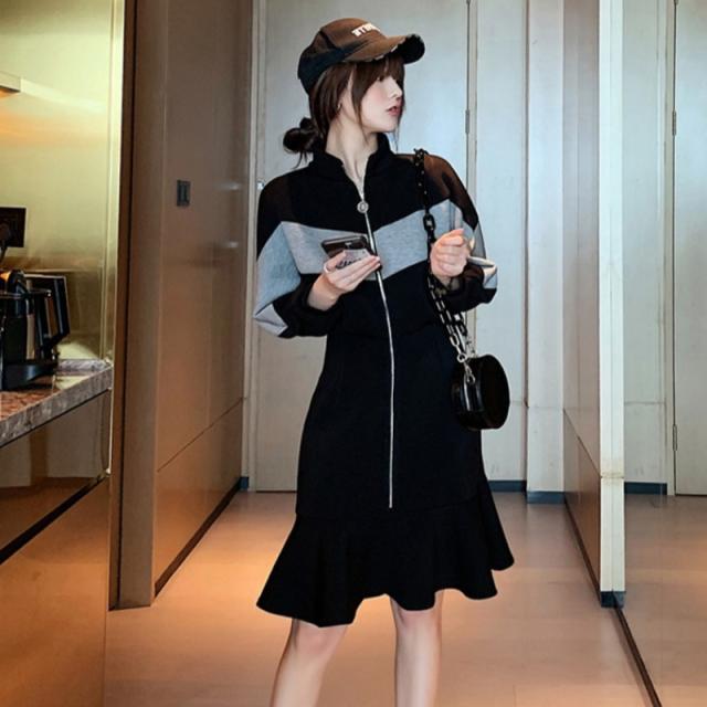 ジャージワンピ 個性的 ワンピース トレーナー マーメイドスカート スウェットワンピース ショート ショート丈 膝丈 ひざ丈 袖あり 長袖 ハイネック ペプラム フィッシュテール ウエストマーク 切り替えデザイン ファスナー 前開き 厚手 かわいい カジュアル おしゃれ お洒落