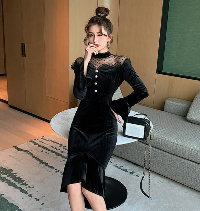 ベルベット ドレス 個性的 ワンピース ワンピドレス マーメイドスカート 膝丈 ひざ丈 袖あり 長袖 フレアスリーブ オフショルダー スタンドカラー タイト 細身 チュール シフォン フリル バックシャン バックコンシャス シースルー パールボタン ベロア きれいめ 大人