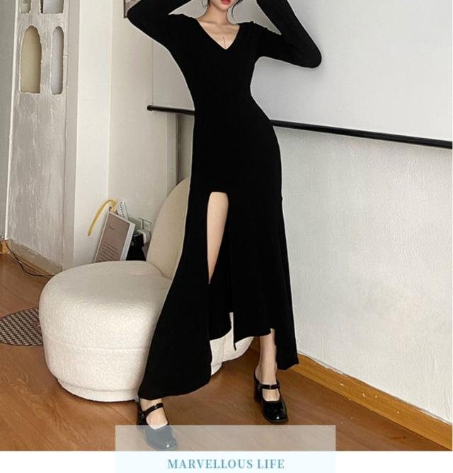セクシー スリットスカート ワンピース フレアワンピース ワンピドレス ロング ロング丈 マキシ マキシ丈 袖あり 長袖 萌袖 Vネック フレア 細身 フィッシュテール サイドスリット ハイウエスト リブ 大人 おしゃれ お洒落 かっこいい 大人女子 無地 春 秋 クリスマス セクシー スリットスカート ワンピース フレアワンピース ワンピドレス