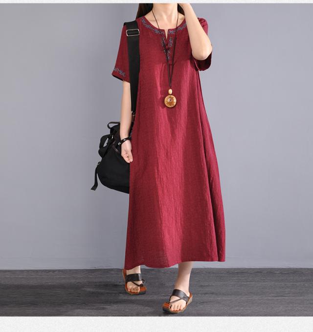 エスニックワンピース アジアンワンピース リネンワンピース ワンピース フレアワンピース ワンピドレス 膝下 ミモレ ミモレ丈 ロング ロング丈 マキシ マキシ丈 9分丈 アンクル丈 7分丈 袖あり 半袖 5分袖 五分袖 キーネック フレア ワイド ガウチョ 刺繍 リネン 大人可愛い