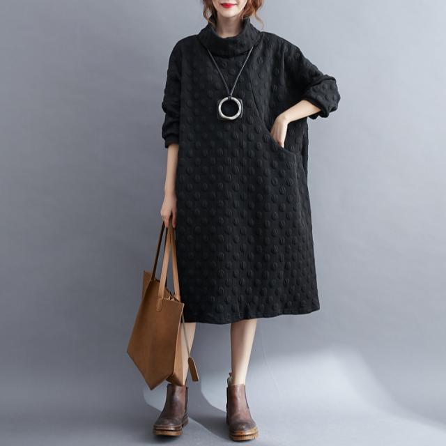 ハイネックワンピース ゆるワンピース マタニティワンピース ドット柄ワンピース レトロワンピース 上品ワンピ ワンピース 膝下 ミモレ ミモレ丈 袖あり 長袖 ドルマンスリーブ ドロップショルダー ハイネック タートルネック ルーズ ボウタイ フレア ワイド ガウチョ Aライン