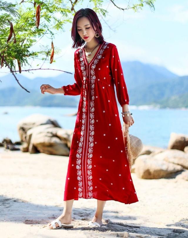 ボタニカル 刺繍 ロング シャツ ワンピース シャツワンピース ロング丈 マキシ マキシ丈 アンクル丈 袖あり 7分袖 七分袖 Vネック 襟なし ストレート ワイド ウエストリボン ハイウエスト ドローコード かわいい 大人可愛い きれいめ カジュアル 大人 上品 おしゃれ アジアン ボタニカル 刺繍 ロング シャツ ワンピース シャツワンピース ロング丈