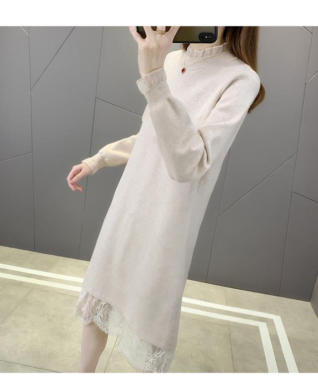 裾レース ミモレ丈 ニット ワンピース フレアワンピース 膝下 ミモレ