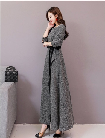 ウエストリボン スリット ツイード ロング ワンピース フレアワンピース ロング丈 マキシ マキシ丈 アンクル丈 長袖 ボリューム袖 パフスリーブ Uネック ラウンドネック フレア リボン ウエストマーク かわいい 大人可愛い きれいめ シンプル 大人 上品 おしゃれ 大人女子 ウエストリボン スリット ツイード ロング ワンピース フレア