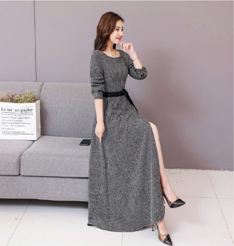 ウエストリボン スリット ツイード ロング ワンピース フレア