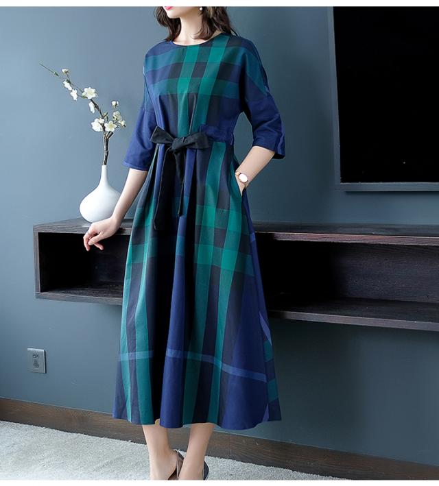 チェック柄 ウエストリボン ロング ワンピース プルオーバー フレア