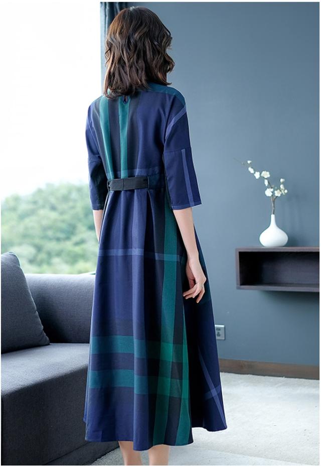 チェック柄 ウエストリボン ロング ワンピース プルオーバー フレア