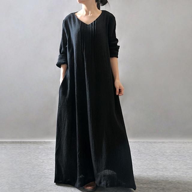 マキシ丈 ワンピース プルオーバー フレアワンピース マキシ アンクル丈 袖あり 長袖 ロールアップ Uネック ラウンドネック フレア ワイド ポケット 透け感 シャリシャリ 大人可愛い シンプル カジュアル 大人 上品 おしゃれ アジアン エスニック エキゾチック 大人女子