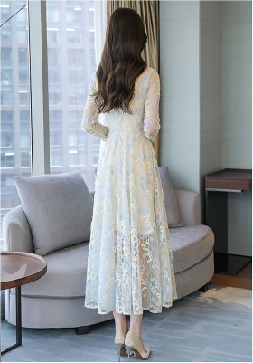 チャイナボタン レース フレア ドレス ワンピース パーティードレス パーティドレス 結婚式ドレス 結婚式のドレス ロング ロング丈 マキシ マキシ丈 袖あり 長袖 ハイネック マオカラー Aライン プリーツ 刺繍 シフォン ハイウエスト 透け感 シースルー かわいい 大人可愛い_7