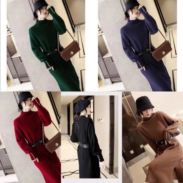 ワンピース 膝下 ロング ロング丈 袖あり 長袖 Vネック Aライン ニット