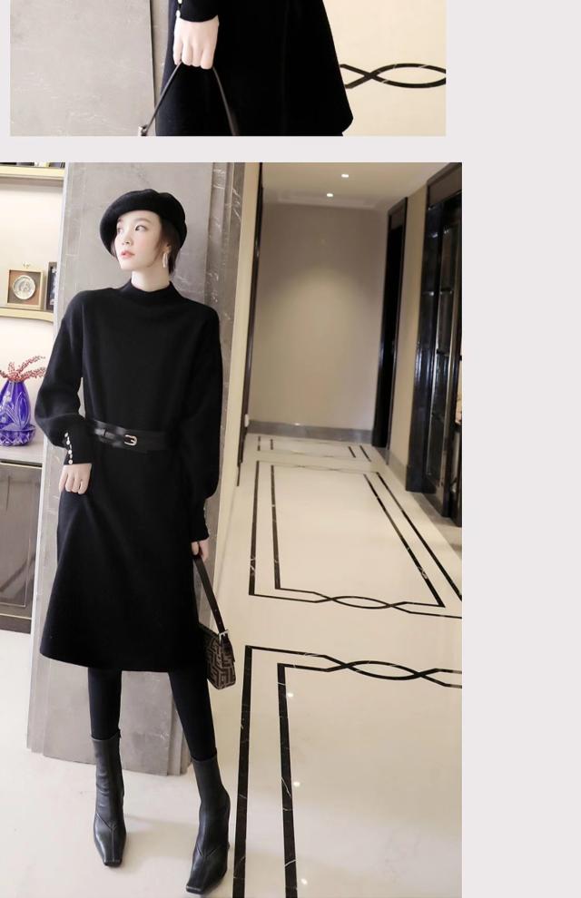 ワンピース 膝下 ロング ロング丈 袖あり 長袖 Vネック Aライン ニット