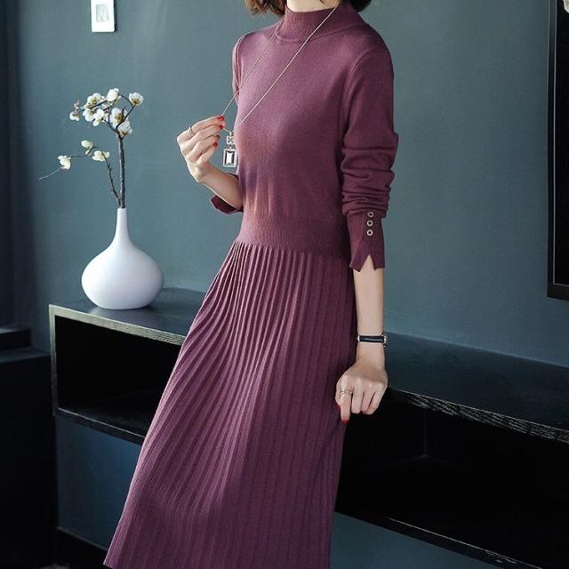 大人女子プリーツ切り替えワンピース ガーリー フェミニン 膝下 ミディアム丈 袖あり 長袖 レース かわいい 大人可愛い きれいめ シンプル カジュアル 大人 上品 おしゃれ お洒落 大人可愛い 大人女子 キュート ガーリー ルーズ 個性的 主役級 とろみ感 抜け感 無地 春 秋 冬