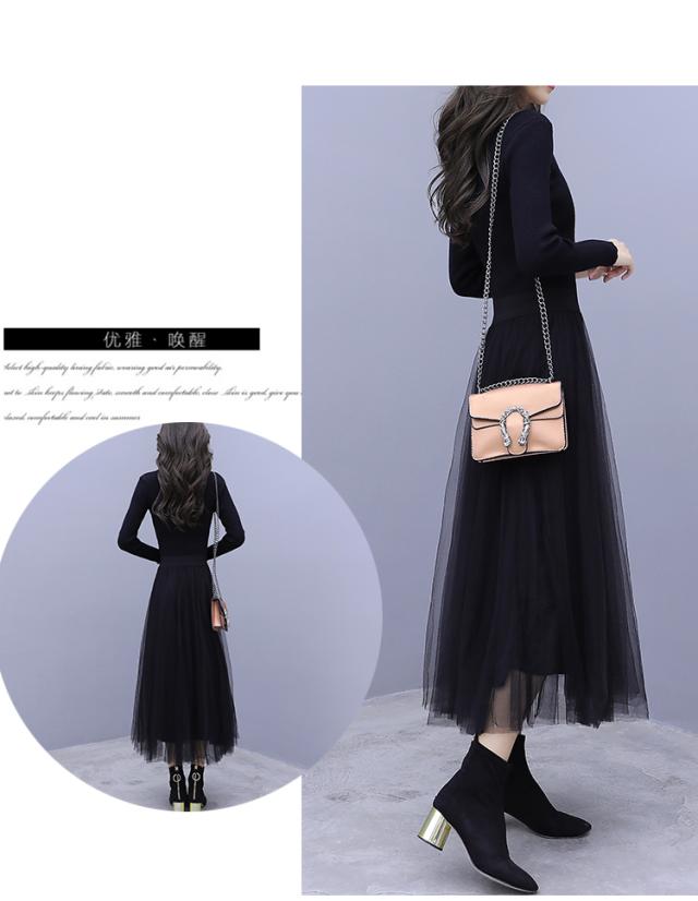 ガーリーチュールワンピース 膝丈 ひざ丈 膝上 袖あり 長袖 ラウンド