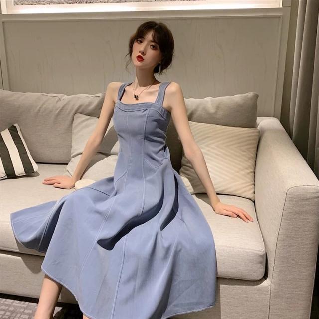 デニム風カラーワンピース 膝下 ノースリーブ 襟なし かわいい 大人