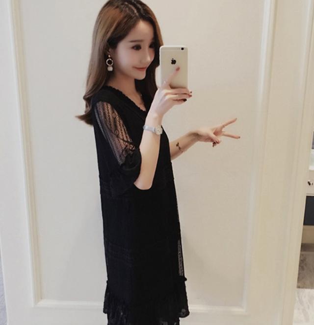 袖シースルーワンピース 膝丈 ひざ丈 袖あり 半袖 Vネック 襟なし