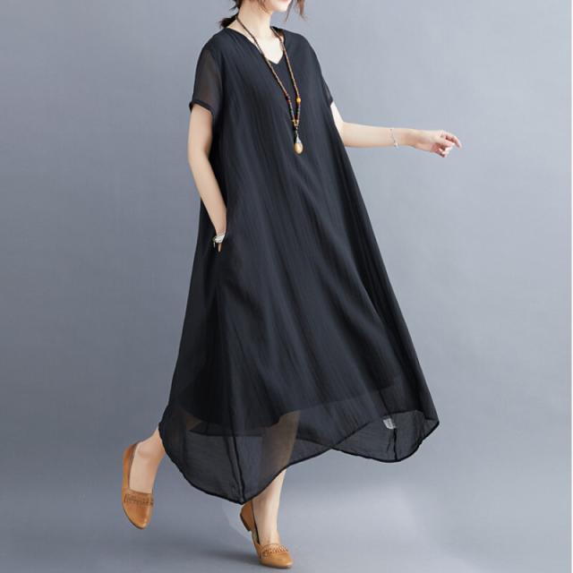 ワンピース シフォンワンピ ミディアム丈 膝丈 袖あり 半袖 Vネック A