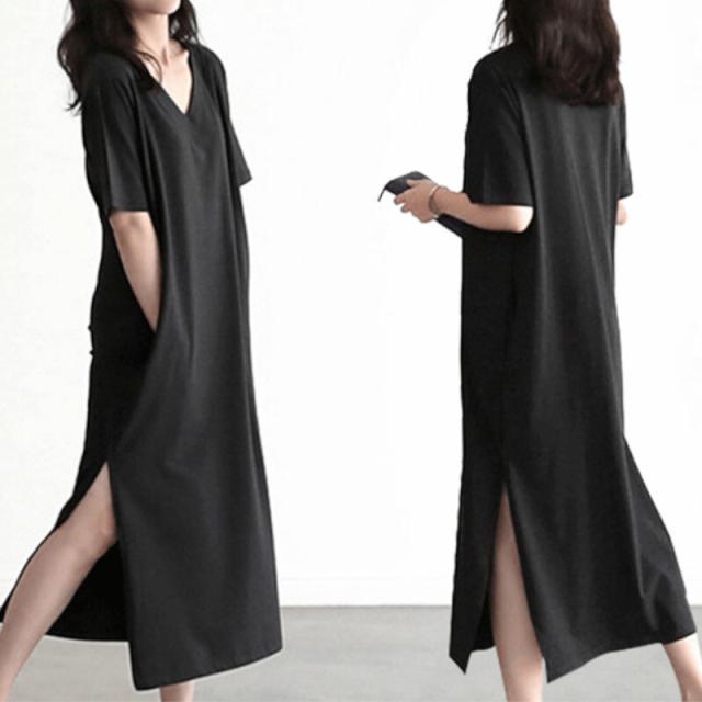 ワンピース ロング丈 袖あり 半袖 Vネック サイドスリット きれいめ シンプル カジュアル 上品 おしゃれ お洒落 レトロ こなれ感 キュート エレガント とろみ感 抜け感 無地 春 夏 10代 20代 30代 40代 女性用 デート お出かけ 女子会 休日 リゾート 旅行 着回し 普段使い