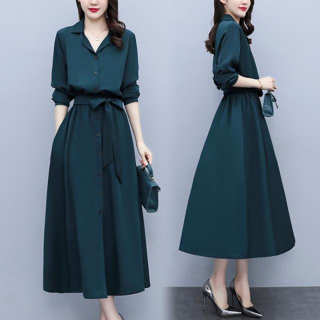シャツワンピース ワンピース ミモレ丈 袖あり 長袖 Vネック Aライン ハイウエスト ウエストリボン ウエストゴム きれいめ シンプル カジュアル 上品 おしゃれ お洒落 レトロ こなれ感 キュート エレガント とろみ感 抜け感 スタイリッシュ 無地 春 夏 10代 20代 30代 40代