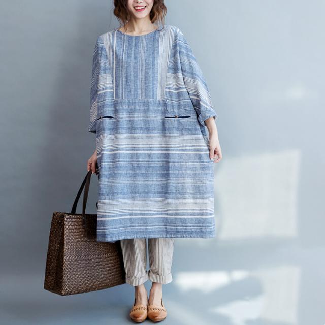 ワンピース ミドル丈 袖あり 7分袖 ラウンドネック かわいい 大人可愛い きれいめ シンプル カジュアル 大人 上品 おしゃれ お洒落 レトロ ラフ とろみ感 抜け感 ストライプ ボーダー 春 夏 10代 20代 30代 40代 女性用 デート お出かけ 女子会 休日 パーティー イベント