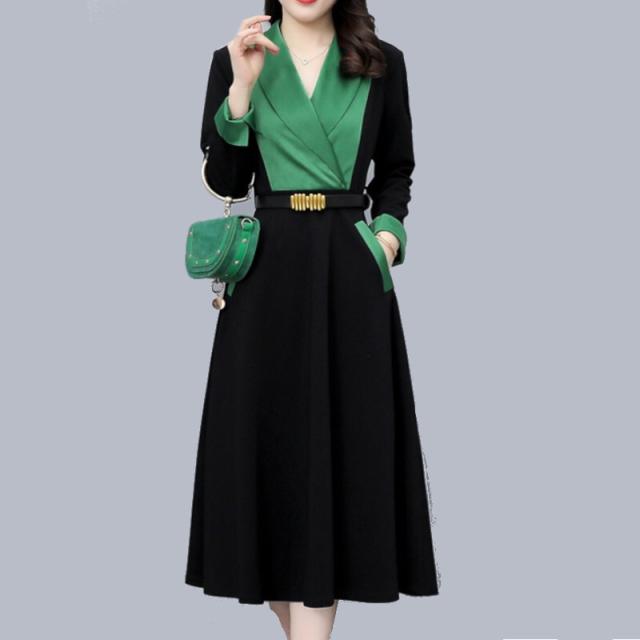 ワンピース ワンピースドレス ミドル丈 袖あり 長袖 Vネック Aライン ハイウエスト きれいめ シンプル カジュアル 大人 上品 おしゃれ お洒落 レトロ 大人女子 こなれ感 ラフ エレガント フォーマル スタイリッシュ 春 秋 謝恩会 二次会 10代 20代 30代 40代 女性用 デート