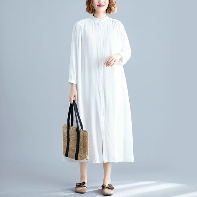 シャツワンピース ワンピース ロング丈 袖あり 九分袖 フロントボタン ナチュラル かわいい 大人可愛い きれいめ シンプル カジュアル 大人 上品 おしゃれ お洒落 レトロ こなれ感 ラフ ゆったり 抜け感 無地 春 秋 10代 20代 30代 40代 デート お出かけ 女子会 休日 着回し