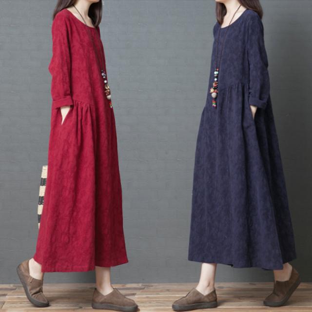 ワンピース フレアワンピース ロング ロング丈 マキシ マキシ丈 袖あり 長袖 Uネック ラウンドネック 襟なし フレア セミフレア Aライン レース ポケット かわいい 大人可愛い きれいめ シンプル カジュアル 大人 上品 おしゃれ 大人女子 こなれ感 ラブリー キュート モード系