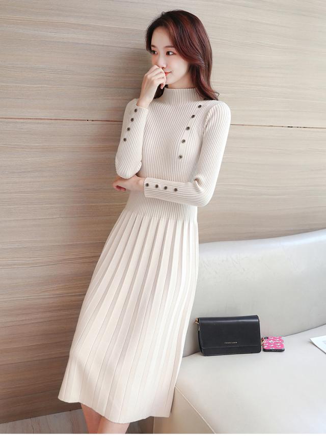 ワンピース フレアワンピース 膝丈 ひざ丈 袖あり 長袖 ハイネック 襟なし フレア セミフレア スリム タイト 細身 Aライン プリーツ デニム ブルーデニム カラーデニム かわいい 大人可愛い きれいめ シンプル カジュアル 大人 上品 おしゃれ 大人女子 こなれ感 ラフ 個性的 ワンピース フレアワンピース 膝丈 ひざ丈 袖あり 長袖 ハイネック 襟