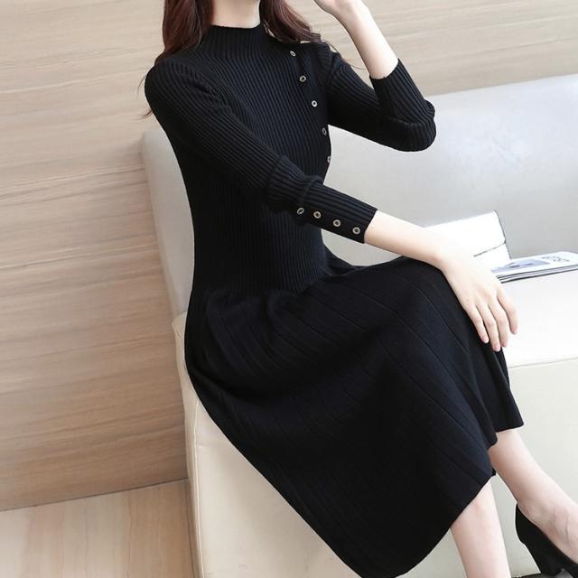 ワンピース フレアワンピース 膝丈 ひざ丈 袖あり 長袖 ハイネック 襟なし フレア セミフレア スリム タイト 細身 Aライン プリーツ デニム ブルーデニム カラーデニム かわいい 大人可愛い きれいめ シンプル カジュアル 大人 上品 おしゃれ 大人女子 こなれ感 ラフ 個性的 ワンピース フレアワンピース 膝丈 ひざ丈 袖あり 長袖 ハイネック 襟