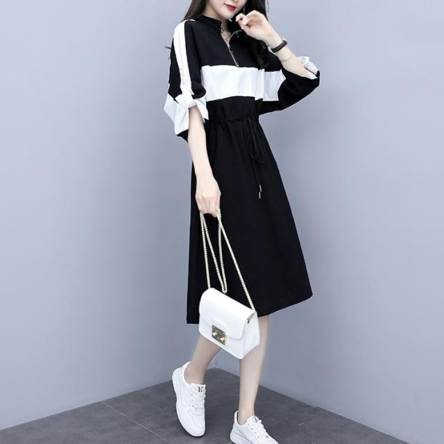 ワンピース フレアワンピース 膝丈 ひざ丈 袖あり 長袖 ハイネック 襟なし フレア セミフレア Aライン ポケット ウエストゴム かわいい 大人可愛い きれいめ シンプル カジュアル 大人 上品 おしゃれ 大人女子 こなれ感 ラフ メンズライク マニッシュ ボーイッシュ ルーズ