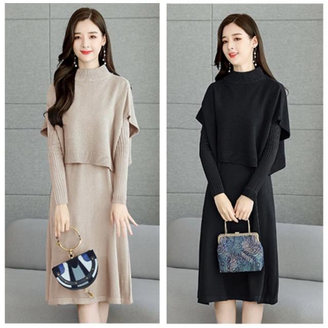 ツーピースワンピース ニットワンピース ワンピース 膝丈 ひざ丈 袖あり 長袖 Uネック ラウンドネック ハイネック タートルネック 襟なし セミフレア スリム Aライン ポケット デニム ブルーデニム ニット 2点セット ツーピース かわいい 大人可愛い きれいめ シンプル 大人