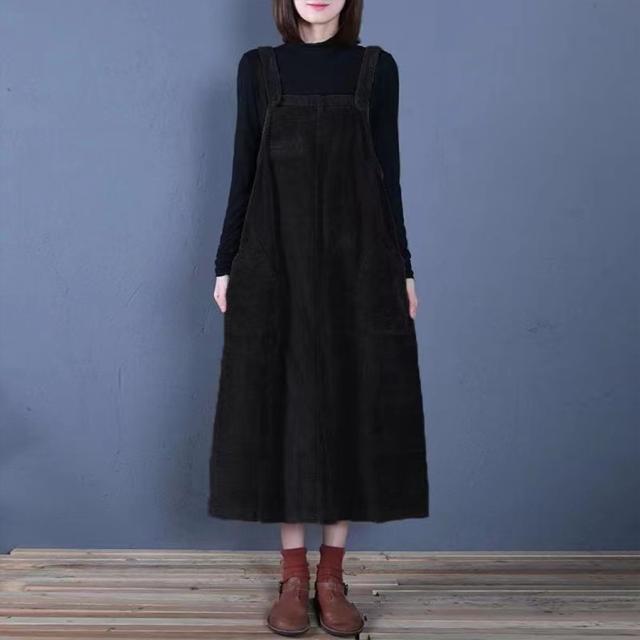 サロペット ワンピース ミモレ ミモレ丈 ロング ロング丈 袖なし ノースリーブ 襟なし セミフレア ストレート Iライン 厚手 コーデュロイ かわいい 大人可愛い きれいめ シンプル カジュアル 大人 上品 おしゃれ レトロ アジアン 大人女子 こなれ感 ラフ ルーズ 個性的 サロペット ワンピース ミモレ ミモレ丈 ロング ロング丈 袖なし