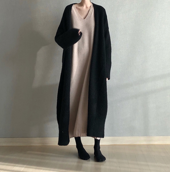 トップス カーディガン ロング ロング丈 袖あり 長袖 襟なし もこもこ モコモコ 前開き ニット 厚手 かわいい 大人可愛い シンプル カジュアル 大人 おしゃれ お洒落 レトロ アジアン エスニック エキゾチック 大人女子 ラフ 無地 秋 冬 20代 30代 レディース 女性用 通勤_1