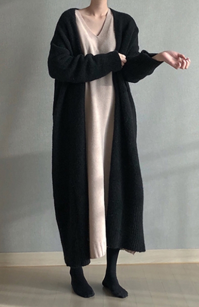 トップス カーディガン ロング ロング丈 袖あり 長袖 襟なし もこもこ モコモコ 前開き ニット 厚手 かわいい 大人可愛い シンプル カジュアル 大人 おしゃれ お洒落 レトロ アジアン エスニック エキゾチック 大人女子 ラフ 無地 秋 冬 20代 30代 レディース 女性用 通勤_2