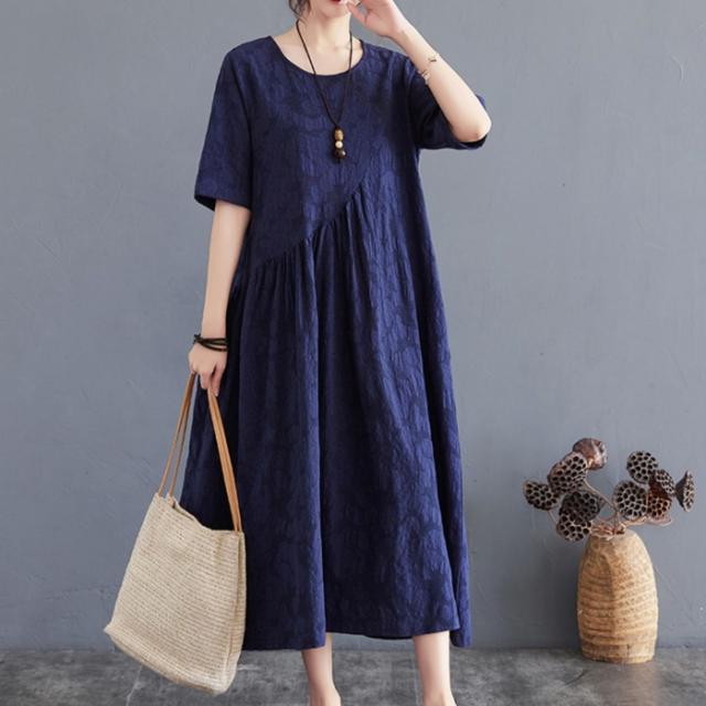 ワンピース フレアワンピース ワンピドレス 膝下 ロング ロング丈 袖あり 半袖 ラウンドネック 襟なし フレア Aライン 切り替えデザイン ポケット 綿 リネン かわいい 大人可愛い シンプル カジュアル 上品 おしゃれ レトロ アジアン エスニック ラフ 柄 花柄 夏 20代 30代
