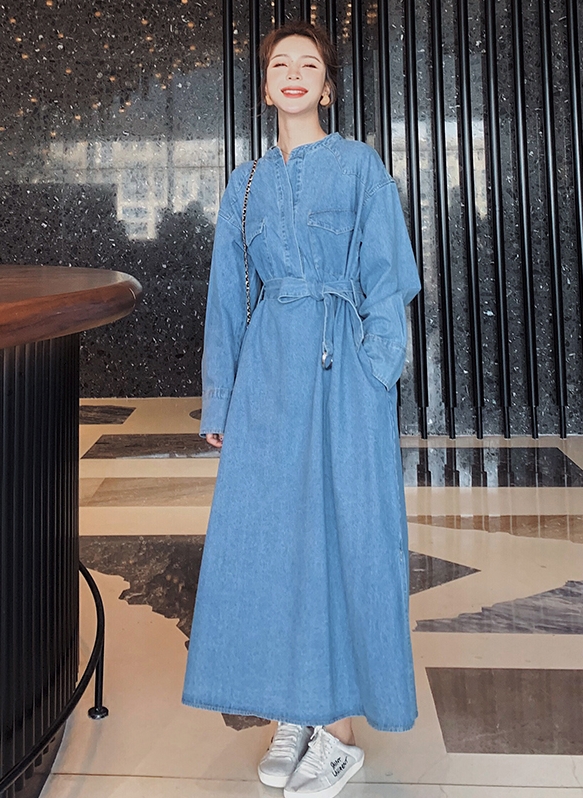 ワンピース デニムワンピース ワンピドレス 膝下 ロング ロング丈 袖