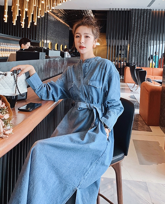 ワンピース デニムワンピース ワンピドレス 膝下 ロング ロング丈 袖