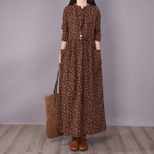 ワンピース ワンピドレス 膝下 ロング ロング丈 袖あり 長袖 ラウンドネック 襟なし スタンドカラー Aライン ポケット かわいい 大人可愛い シンプル カジュアル おしゃれ レトロ アジアン エスニック エキゾチック 大人女子 ラフ 柄 小花柄 春 秋 20代 30代 レディース