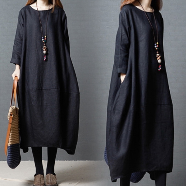 ワンピース ワンピドレス 膝下 ロング ロング丈 袖あり 長袖 ラウンドネック 襟なし Aライン ポケット 綿 リネン かわいい 大人可愛い シンプル カジュアル おしゃれ レトロ アジアン エスニック エキゾチック 大人女子 ラフ 柄 小花柄 春 秋 20代 30代 40代 レディース