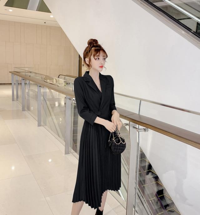 ドレス パーティードレス 二次会ドレス ワンピースドレス 膝下 ロング ロング丈 袖あり 七分袖 Vネック 襟付き 切り替えデザイン ドッキング プリーツ ファスナー かわいい 大人可愛い きれいめ シンプル 上品 おしゃれ お洒落 大人女子 こなれ感 ラフ 個性的 存在感_11