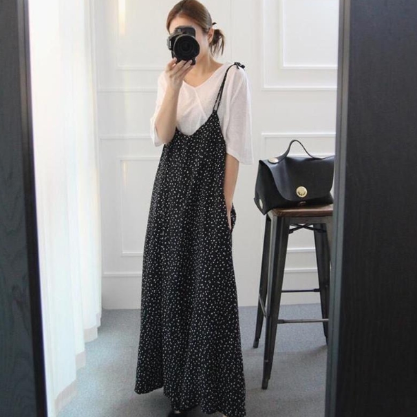 2点セット セットアップ シャツ サロペット 白シャツ ガウチョパンツ ワンピドレス ロング ロング丈 袖あり 半袖 Uネック 襟なし ポリエステル ツーピース かわいい 大人可愛い シンプル カジュアル 大人 おしゃれ アジアン エスニック ラフ 無地 柄 水玉 夏 秋 10代 20代