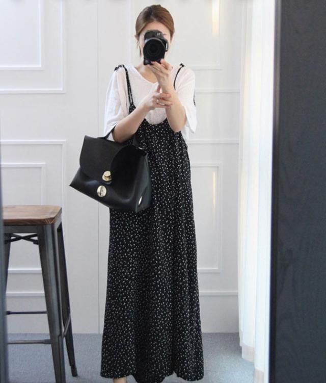 2点セット セットアップ シャツ サロペット 白シャツ ガウチョパンツ ワンピドレス ロング ロング丈 袖あり 半袖 Uネック 襟なし ポリエステル ツーピース かわいい 大人可愛い シンプル カジュアル 大人 おしゃれ アジアン エスニック ラフ 無地 柄 水玉 夏 秋 10代 20代_5