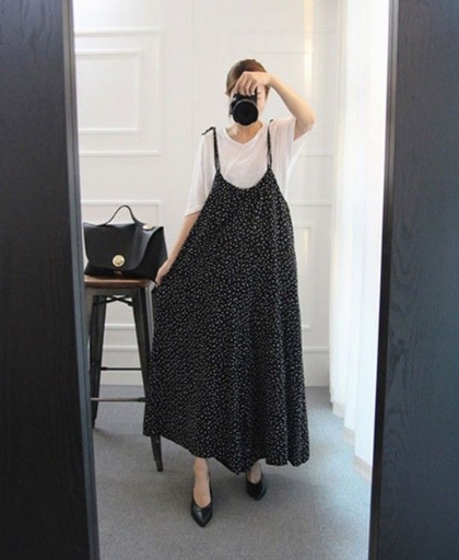 2点セット セットアップ シャツ サロペット 白シャツ ガウチョパンツ ワンピドレス ロング ロング丈 袖あり 半袖 Uネック 襟なし ポリエステル ツーピース かわいい 大人可愛い シンプル カジュアル 大人 おしゃれ アジアン エスニック ラフ 無地 柄 水玉 夏 秋 10代 20代_6