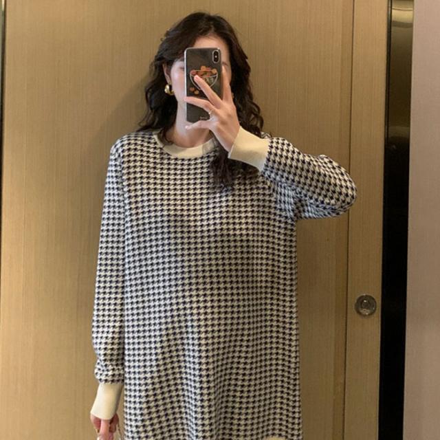 ワンピース プリーツスカート ワンピドレス 膝丈 ひざ丈 袖あり 長袖 ラウンドネック 襟なし Iライン 切り替えデザイン ドッキング プリーツ ニット かわいい 大人可愛い きれいめ シンプル 大人 おしゃれ レトロ アジアン エスニック ラフ 柄 千鳥格子 秋 冬 20代 30代