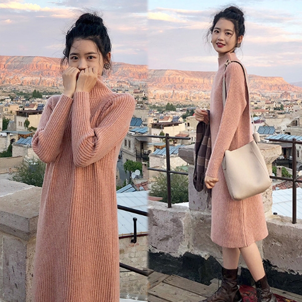 ワンピース ワンピドレス 膝下 袖あり 長袖 ハイネック タートルネック 襟なし ストレート Iライン リブ リブニット ニット かわいい 大人可愛い シンプル カジュアル 大人 おしゃれ お洒落 アジアン エスニック 大人女子 ラフ 無地 秋 冬 10代 20代 レディース 女性用 通勤