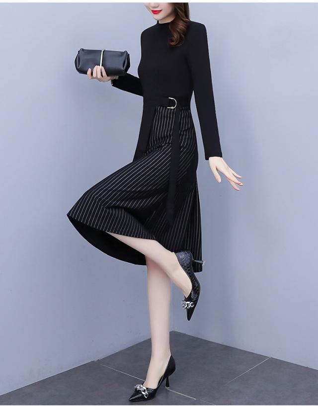 異素材ミックス 裾切り替え ロング ワンピース フレアワンピース 膝下