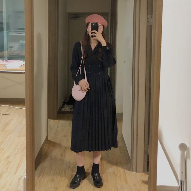 セットアップ風 プリーツ ロング ワンピース フレアワンピース 膝下