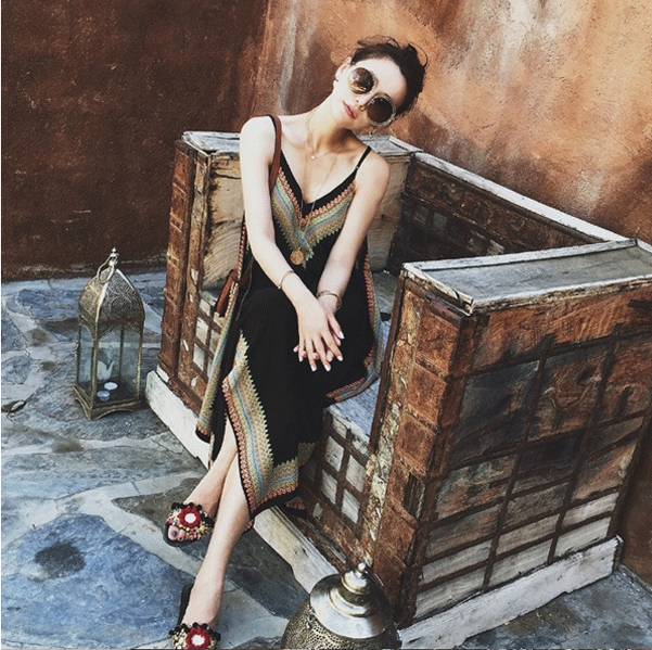 深Vネック キャミソール ワンピース キャミワンピ 膝下 ロング ロング